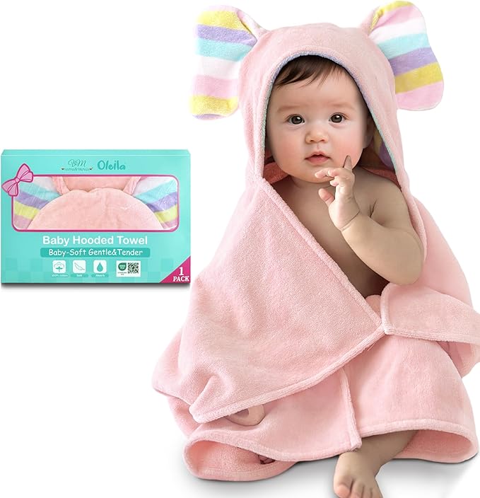 VOOVA & MOVAS Cute Elephant Ears Hooded Towel for Baby – 100% Cotton, 420GSM, Thick & Super Absorbent – 33" x 31.5", Pink – for 0–18 Months – Large Towel for Newborn, Toddler, Infant, Essential