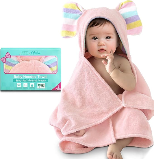 VOOVA & MOVAS Cute Elephant Ears Hooded Towel for Baby – 100% Cotton, 420GSM, Thick & Super Absorbent – 33" x 31.5", Pink – for 0–18 Months – Large Towel for Newborn, Toddler, Infant, Essential