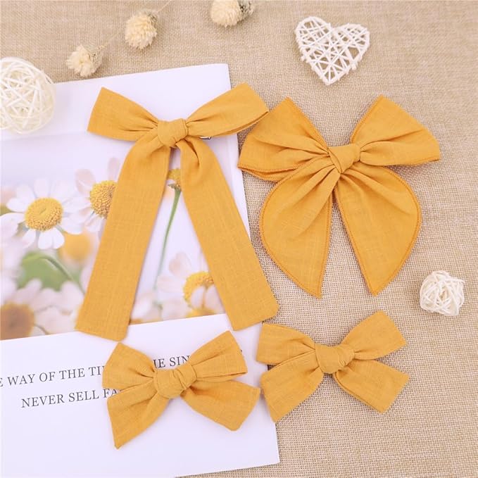 3 Styles Hair Bow Clips for Little Girls Toddler Baby Mom Women Hair Barrettes Accessories 4 Pcs Cotton Linen Bows Yellow Gold