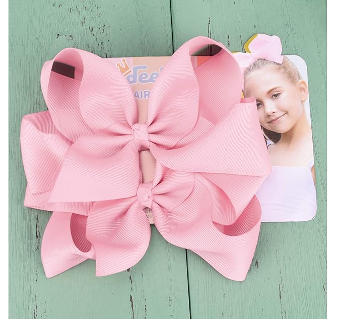 DEEKA 2 PCS 6" Big Hand-made Grosgrain Ribbon Solid Color Hair Bows Alligator Clips Hair Accessories for Little Teen Toddler Girls Kids Set of 2 -Light Pink