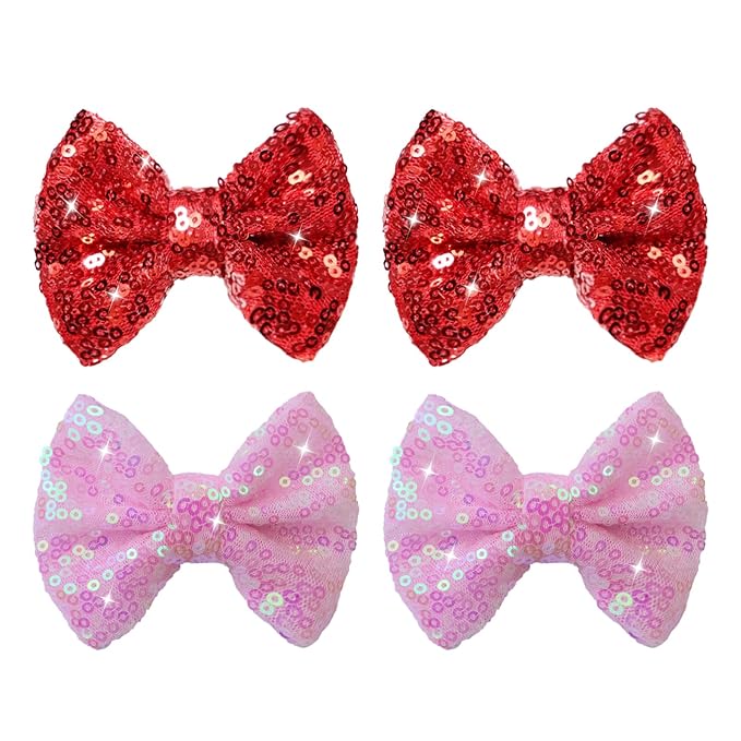 Valentines Red Hair Clip, 4pcs Pink Red Bow Hair Accessories for Little Teen Girls Toddler Kids, Sparkly Bows Toddler Glitter Hair Clips Alligator Clips, Back to School