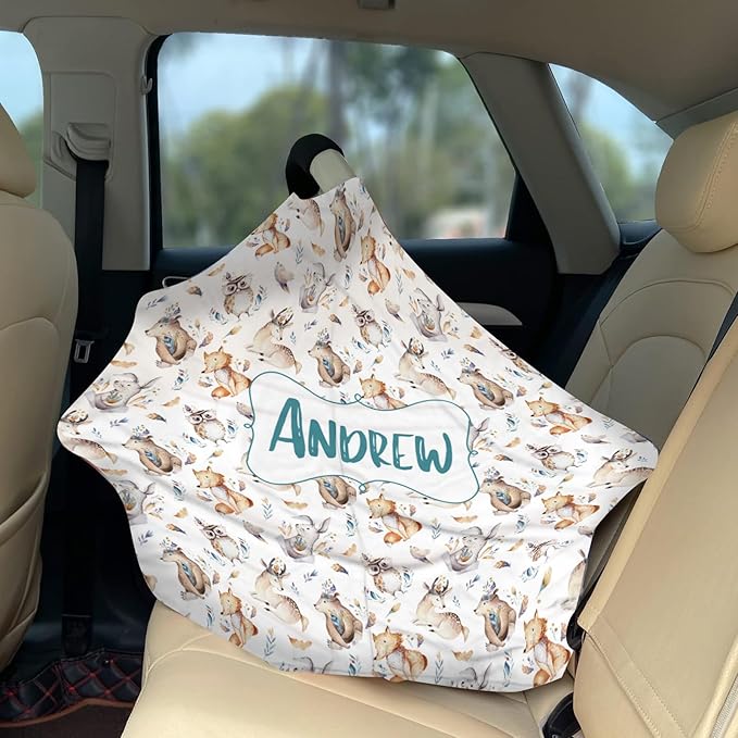 Personalized Baby Car Seat Cover Stroller Canopy: Custom Name Newborn Baby Boy Girl Elastic Animals Nursing Cover for Moms First Birthday Gift Watercolor Fox(one Size)