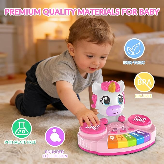 Unicorn Baby Piano Toy with Animal Sounds, Light Up Musical Keyboard, Educational Toddler Learning Toys for 1 Year Old Girl, Birthday Gifts 6+ Months