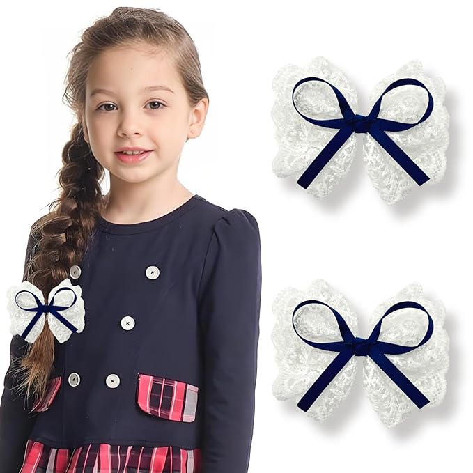 2pcs Navy Blue & White Lace Hair Bows, Alligator Bow Hair Clips, Handmade Hair Accessories