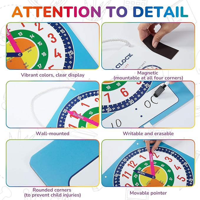 Magnetic Writable Dry Erase Learning Clock for Kids, 13.7'' x 11.2" Teaching Demonstration Clock for Kid to Tell Time, Perfect for Home School Classroom Supplies, Pen Included