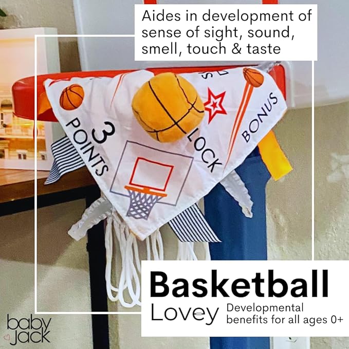 Baby Jack & Co 10x10” Basketball Sports Lovey Sensory Plush Blanket - Tag Toy for Developing Sense of Touch - Travel Stroller Toy w/BPA Free Clip - Learn Shapes, Letters & Colors - Sports Gift