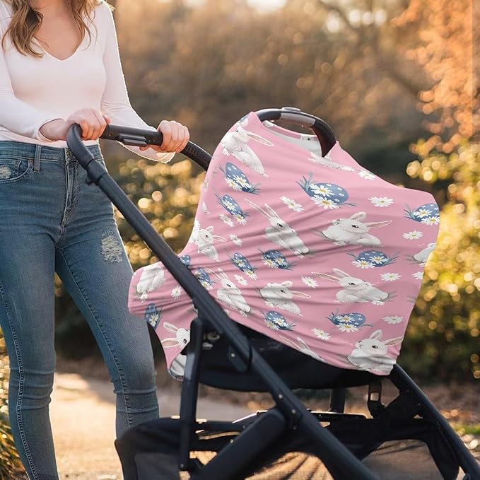 Wanyint Easter Rabbit Eggs Daisy Pink Stretchy Baby Car Seat Cover Carseat Canopy for Babies Universal Baby Breastfeeding Stroller High Chair Shopping Cart Cover