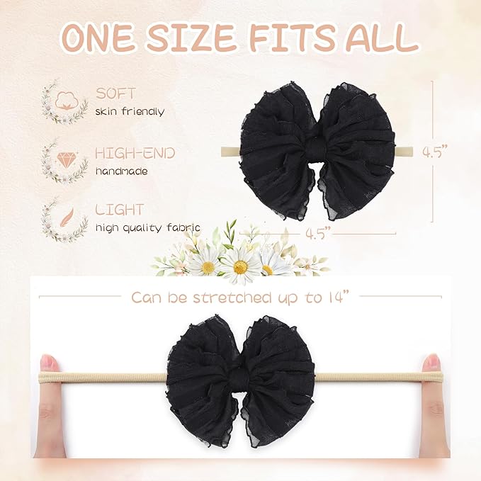 Baby Girl Headband with Bows, 3Pcs Nylon Hair Accessories for Infant, Toddler Girls, Black, White, Beige - HAIRBAND