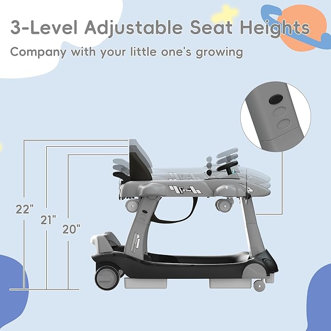 Betterhood 6-in-1 Foldable Baby Walker with Adjustable Height & Speed, Airplane-Themed Activity Push Walker with Music & Lights, Wheels, Anti-Slip Design, Suitable for Boys & Girls Aged 6-18 Months