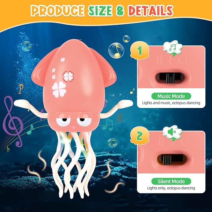 Magic Dancing Octopus Toy, Squid Crawling Toy with LED Light & Music, USB Rechargeable Interactive Baby Toys, Tummy Time Toys for Toddler Boys Girls Birthday (Pink)