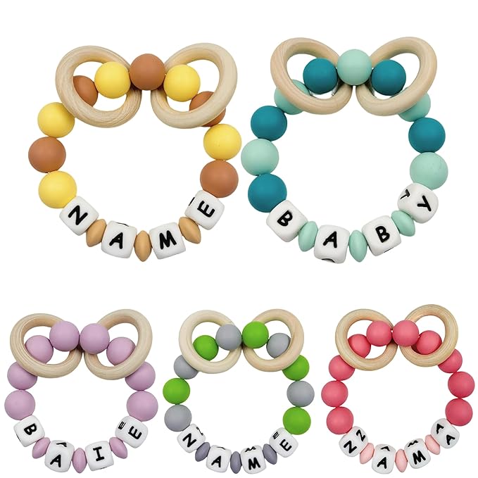 Personalized Baby Teether Ring with Name, Custom Silicone Wooden Rattle Teething Ring for Boys and Girls