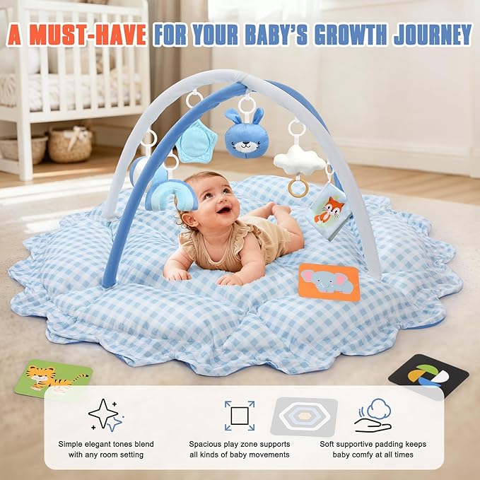 5-in-1 Baby Gym Play Mat with Cartoon Pattern, Extra Thick Plush Tummy Time Activity Gym with Hanging Toys, Sensory Development & Motor Skills Training Floor Mat, Blue