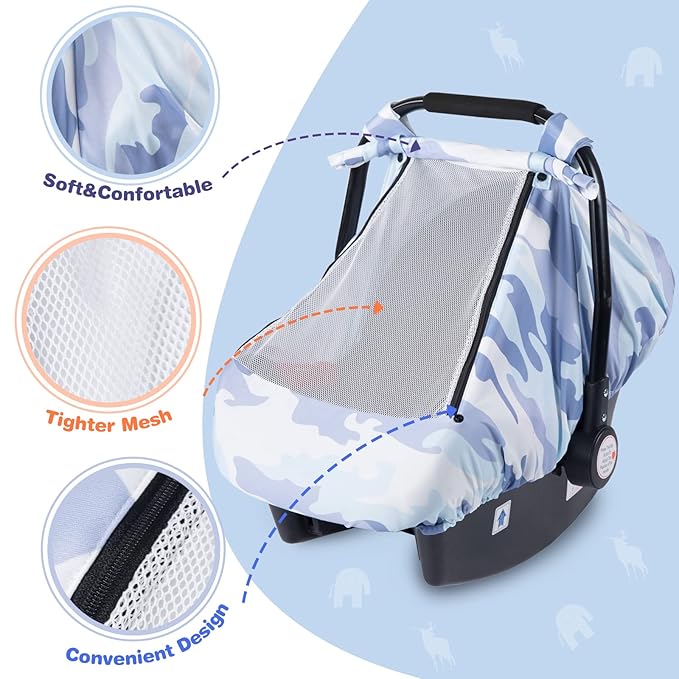 SMTTW Car Seat Cover for Babies, Stretchy Breathable Carseat Canopy with Peek Window, Multiuse Infant Stroller Cover for Baby Boys Girls, Privacy Sun Shade & Wind Protect for Summer (Camouflage)
