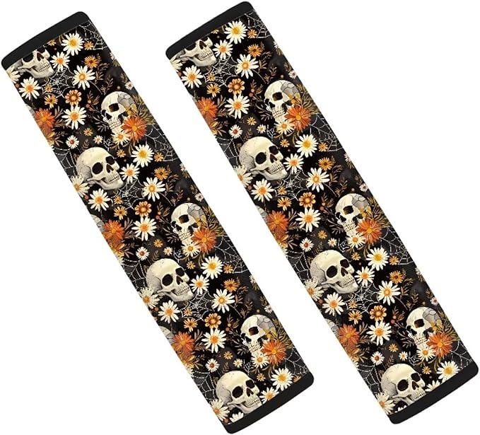 Biyejit Skull Daisy Flower Car Seat Belt Covers Set of 2, Halloween Decor Car Accessories Protector Soft Seatbelt Strap Shoulder Pad for Bags Backpacks
