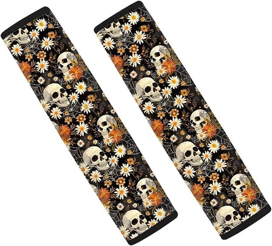 Biyejit Skull Daisy Flower Car Seat Belt Covers Set of 2, Halloween Decor Car Accessories Protector Soft Seatbelt Strap Shoulder Pad for Bags Backpacks