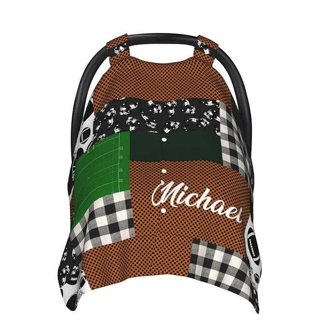 Personalized Football Baby Infant Car Seats Canopy for Babies with Name, Custom Multi-use Blankets for Baby Boys Girls, Peekaboo Minky Nursing Breastfeeding Stroller Cover Canopies for Newborn