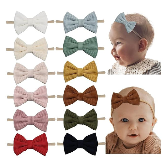 Baby Girl Corduroy Hair Bow Nylon Headband, Solid Color Tiny Bow Hair Bands 12pcs for Newborn Infant Toddlers (corduroy A 12PCS)