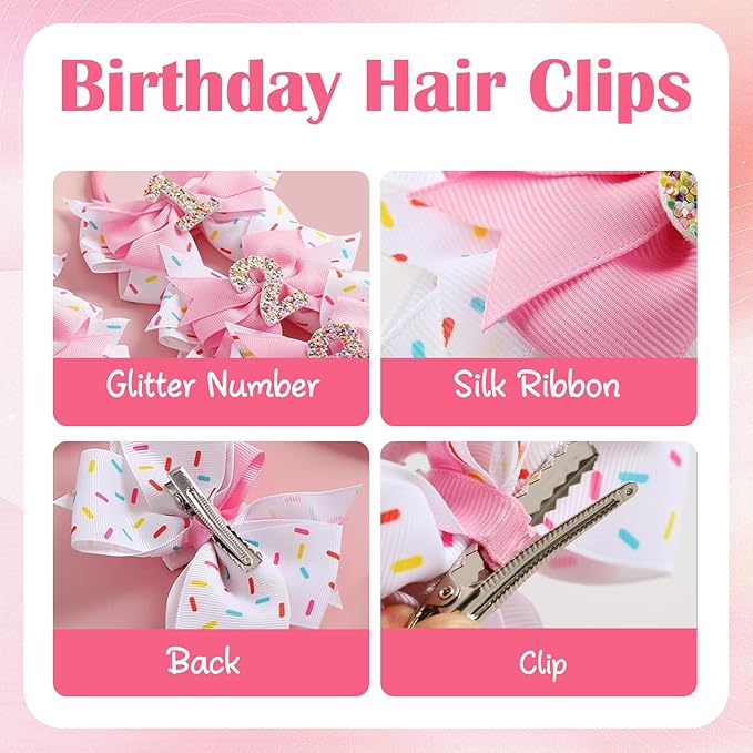 2 Pack 3rd Birthday Hair Bow for Girls, Pink Hair Clips Hair Accessories for Girls 1 2 3 4 5 6 Years Birthday Confetti Ice Cream Party Supplies Decorations