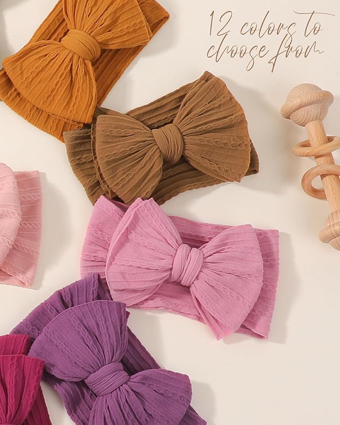 jollybows 12 PCS Baby Nylon Headbands Handmade Wide Baby Girl Bows Headbands Elastics HairBands Hair Accessories for Newborn Infants Toddlers Kids