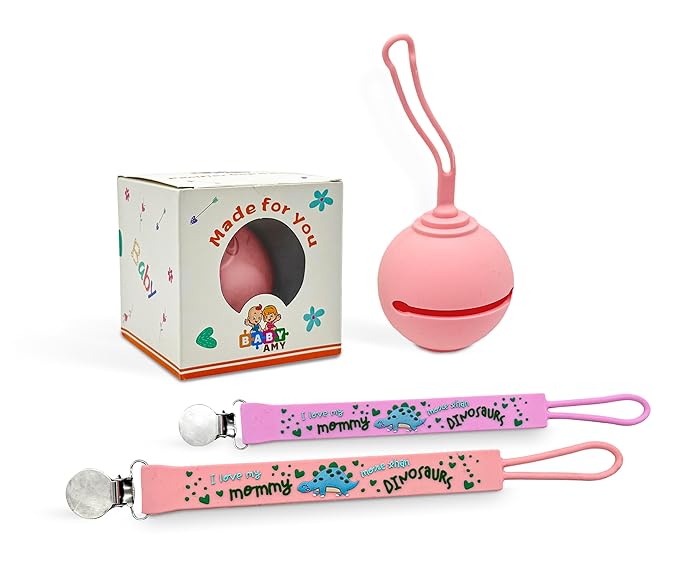 Pacifier Holder and Clip Set for Baby Girls – Pink & Purple | 2 Silicone Pacifier Clips + Case | BPA-Free Holder for 0–6 Month Babies