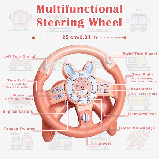 Kids Steering Wheel Toy with Vibration, Driving Simulated Steering Wheel Toy for Backseat, Educational Learning Sensory Toy,Simulated Car Toys with Light Songs for Infant Preschool Kids Toddler Gifts