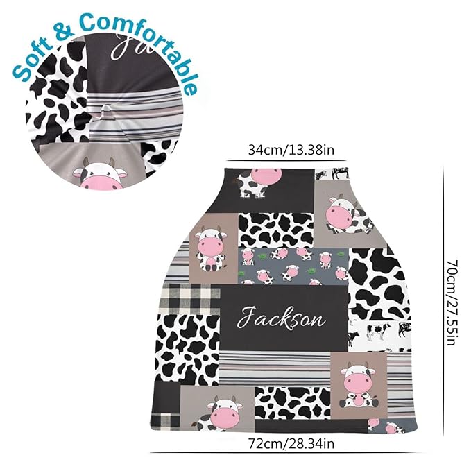 Personalized Baby Car Seat Cover for Boys Girls, Custom Nursing Covers for Breastfeeding with Name, Infant Stroller Cover, Baby Carseat Canopy for Newborn, Multiuse Car Seat Canopies, Cute Cow Plaid