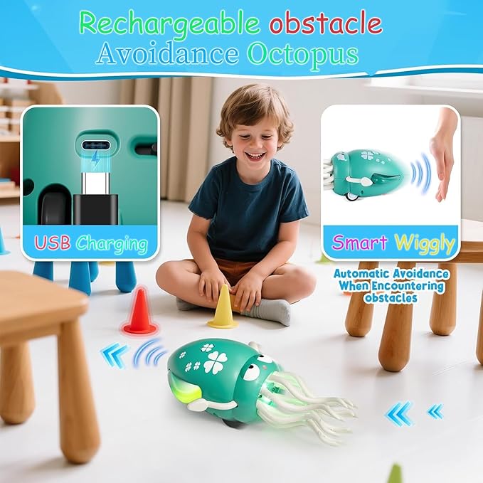 Dancing Squid Toy,Funny Electric Dancing Octopus Toy with LED & Music,Creative Crazy 8-Leg Action Squid with Fishing Pole,Stress Relief Xmas Gift for Boys Girls