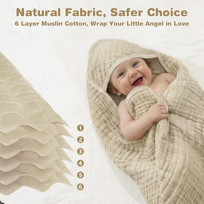 Hooded Baby Bath Towels for Newborn, 2 Pack - 6-Layer 100% Muslin Cotton, Soft Absorbent Baby Towels with Hood for Babies, Infants & Toddlers, Large 32x32 Inch Unisex Newborn Baby Bath Essentials