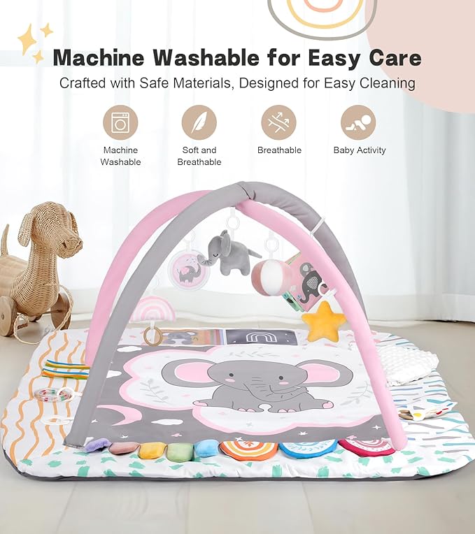Baby Play Mat Activity Gym, 6 Developmental Zones Tummy Time Mat, 6 Detachable Sensory Toys and Educational Cards, Essential Baby Shower Set, Pink Elephant