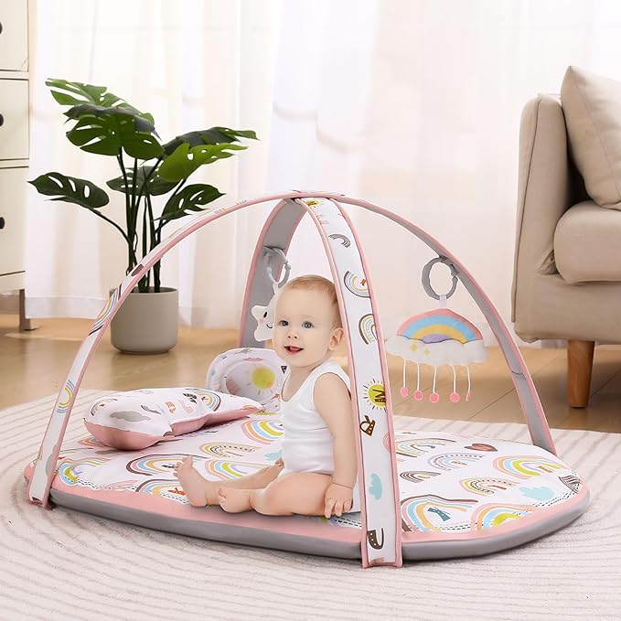 Baby Play Gym Mat, Activity Gym & Plat Mat for Child Baby Girls, 7 in 1 Tummy Time Stage-Based Mat for Infant Sensory & Motor Skills Development