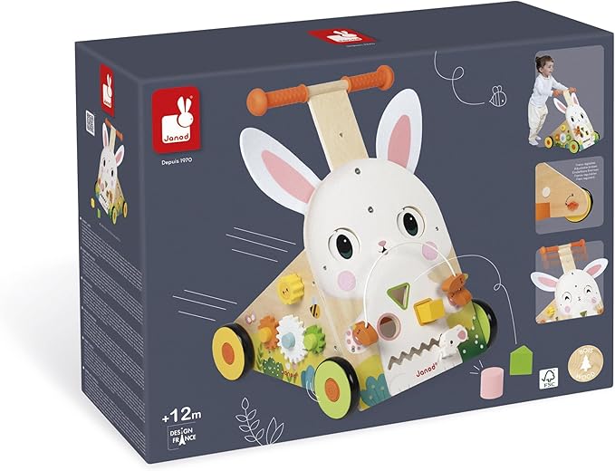 Janod - Farm Multi-Activity Trolley - Wooden Push Cart - 9 Activities - Patented Brake System and Silent Wheels - Developmental Toy for Children - From 12 Months - J03326