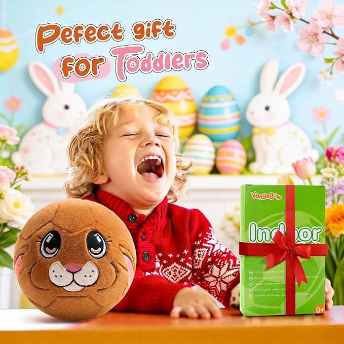 VangeBow Silent Indoor Soccer Balls for Toddlers 1-3, Inflatable Soft Plush Baby Toddler Soccer Ball Toys Gifts for Kid 3-5 Year Old Boy Girl First Birthday Gift (Easter Bunny, Pump Include)