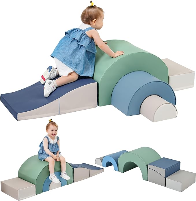 Merax Rainbow Soft Play Set, Soft Climbing Toys for Toddlers with Foldable Slide, Indoor Baby Soft Foam Blocks for Climbing and Crawling, 5-Piece