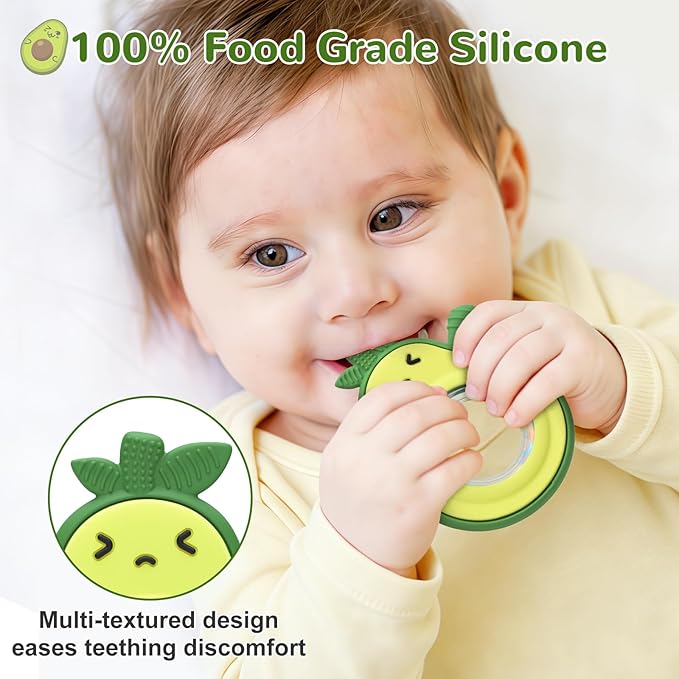 MISSLILI Teething Toy for Babies, Silicone Avocado Shape with Rattle Teether for Infants 0-3-6-12 Months, Sensory Chew Toys Teething Relief for Boys and Girls, BPA Free