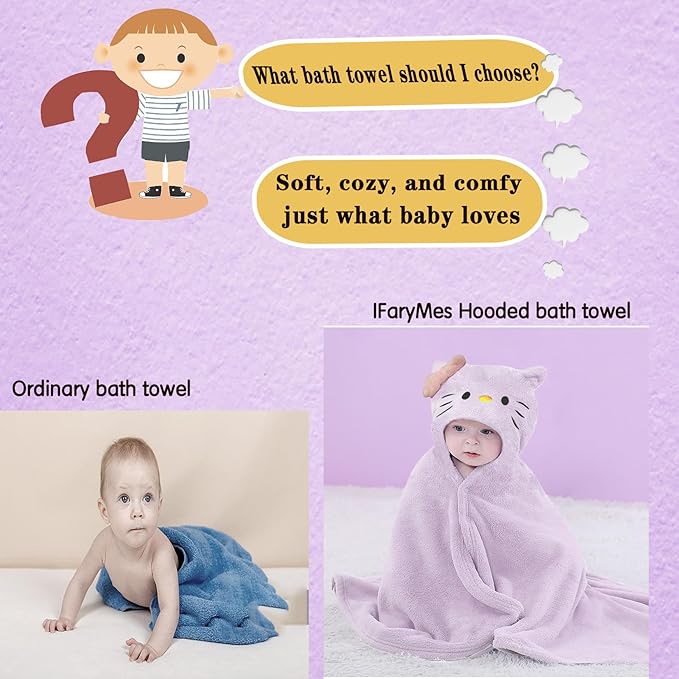 Toddler Baby Bath Towel with Hood 27.5"X55" Ultra Absorbent Soft Cozy Comfort Bathrobe Blanket, 0-6 Years Infant Shower Towel for Girls & Boys(Purple-Cat)