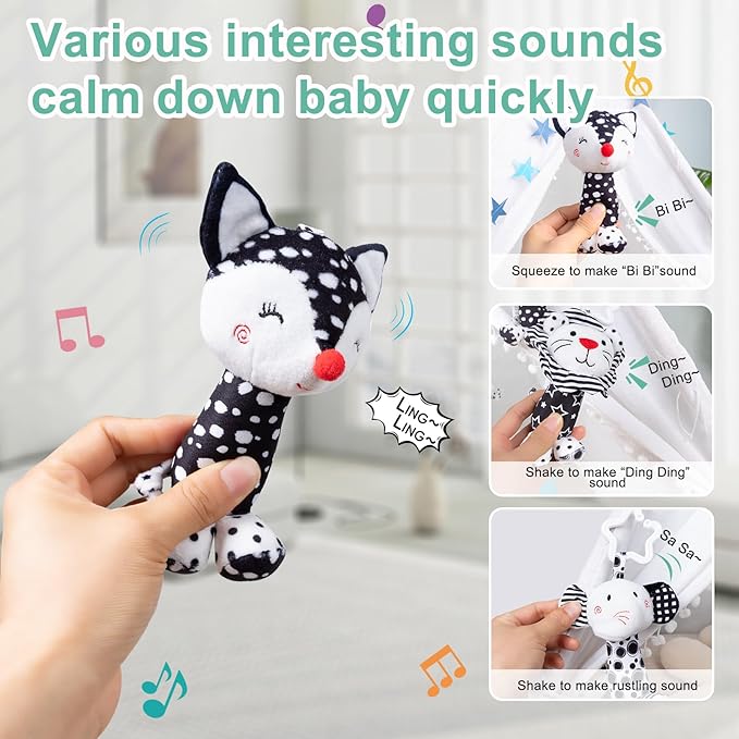 Black & White Baby Wind Chime Hanging Toys - High Contrast Rattles for Newborns 0-12 Months, Stroller & Car Seat Mobile, Hanging Rattle Toys for Babies, Clip Hanging Plush Squeeze Toys