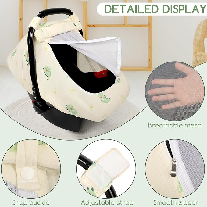Muslin Baby Car Seat Cover for Boys Girls, Infant Carseat Canopy with Breathable Mesh Peep Window, Summer Lightweight Sunshade Carrier Cover for Newborn, Green Dinosaur