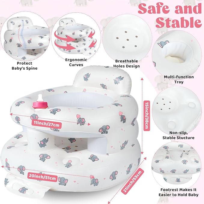Inflatable Baby Seat for 3-36 Months, Baby Seats for Infants for Sitting Up with Back Support Built in Air Pump, Surround Sit Me Up Floor Seat for Baby Chair for Learning Sit, Feeding (Elephant)