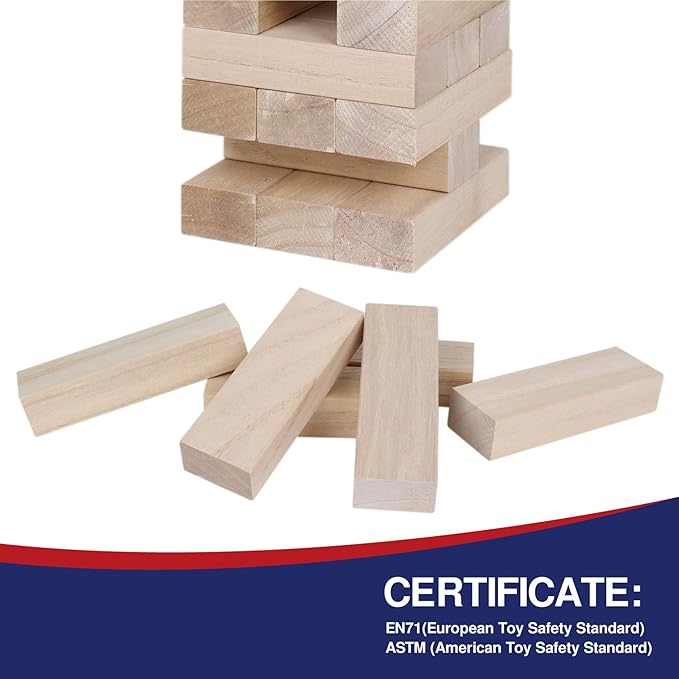 GOTHINK Giant Tumble Tower Game, Large Tumbling Tower Stacking to Over 3.2 FT 60pcs Wooden Jumbo Blocks for Outside Yard Games w/Carry Case Timber Stacking Game Night Toy Gift for Kids Adults Family