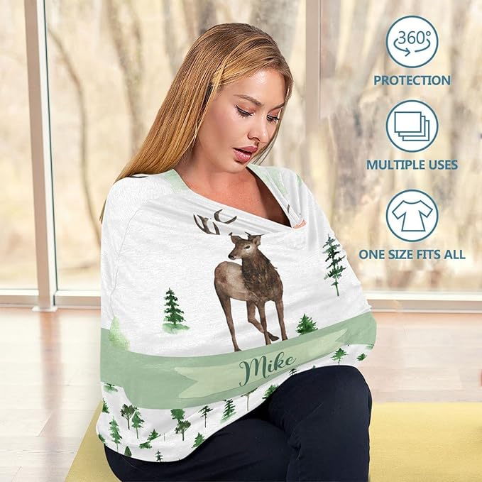 Personalized Baby Car Seat Cover for Boys Girls, Custom Nursing Covers for Breastfeeding with Name, Infant Stroller Cover, Baby Carseat Canopy for Newborn, Multiuse Car Seat Canopies, Woodland Deer