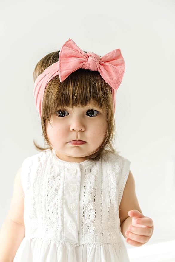 Baby Bling Bows - Newborn to Little Baby Girl Bows, 2 Pack Nylon Super Soft Stretchy Knot Toddler Headbands, Perfect Hair Accessories Head Bands for Infant Kids(Zinnia & Oatmeal)