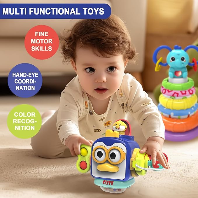 Baby Toys 6 to 12 Months,Montessori Toys for 1 Year Old,Stacking Building Blocks,Busy Cube,Sensory Educational Learning Toy Birthday Gift for Toddlers Age 1-3
