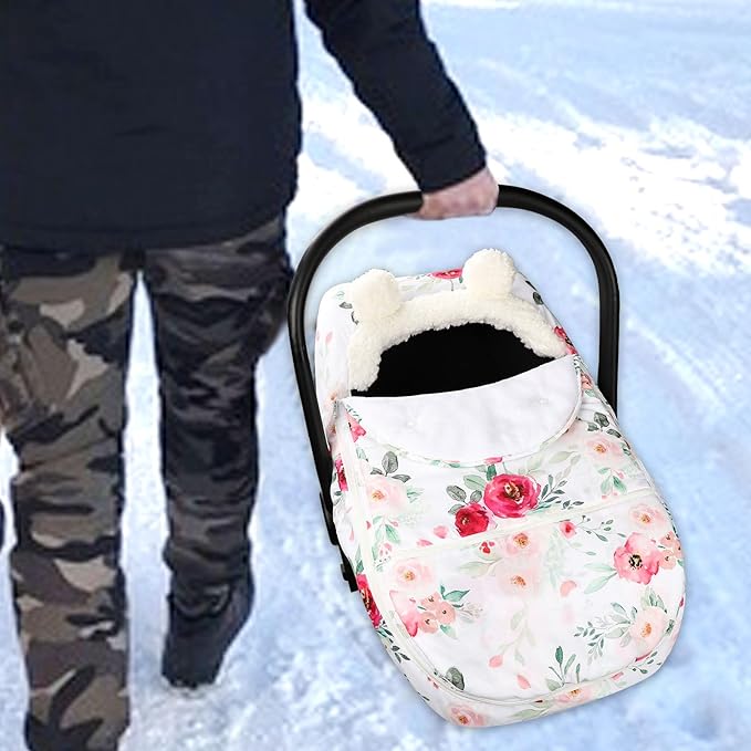 Car Seat Covers for Babies Winter, Flower Carseat Cover Girls, Zipped Cozy & Warm Cover, Universal, Ultra-Soft Breathable, Removable Design Infant Car Seat Canopy