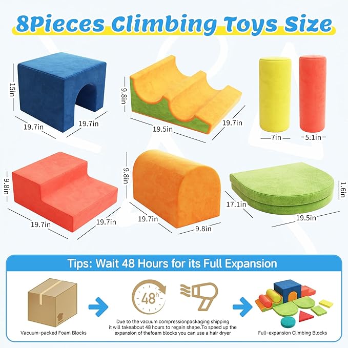 12-Piece Foam Climbing Blocks for Toddlers 1-3, Toddler Climbing Toys Indoor Soft Play Set, Kids Foam Climb Blocks with Tunnel, Steps, Rollers for Crawling, Montessori Indoor Play Gym