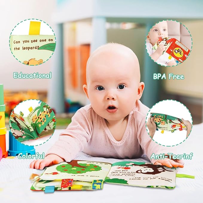 Vicloon Soft Baby Books Toys, Baby Soft Book with Animals and Label, Cloth Book Has 3D Touch and Feel Crinkle, Baby Soft Cloth Book for 0-3 Year Old, Educational Learning Toy Baby Books(Monkey)