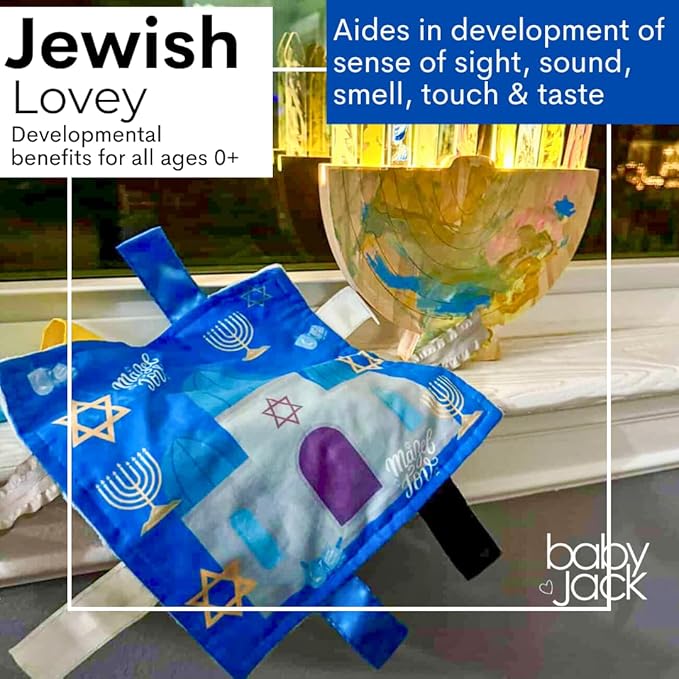 The Learning Lovey Baby Jack & Co 8x8” First Hanukkah, Passover, Shabbat, Rosh Hashanah, Yom Kippur, Sukkot, Purim.. Look & find The Star of David, Dreidel, Menorah on Crinkle Tag Toy