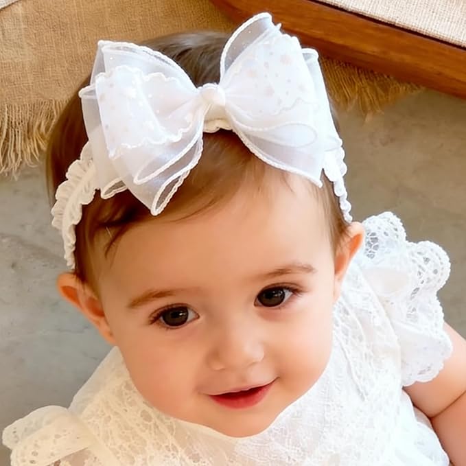 Baby Girls Headband White Bow Lace Headbands Soft Elastic Bowknot Hairbands Cute Hair Accessory for Newborn Kids Infant Toddler Baptism Birthday Party (Bow D)