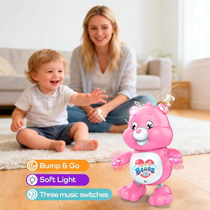 Baby Musical Easter Pink Bear Toy Dancing Crawling Tummy Time Toys, Light Up Infant Toys Birthday Easter Gifts Dancing Bear Musical Toy for Toddlers