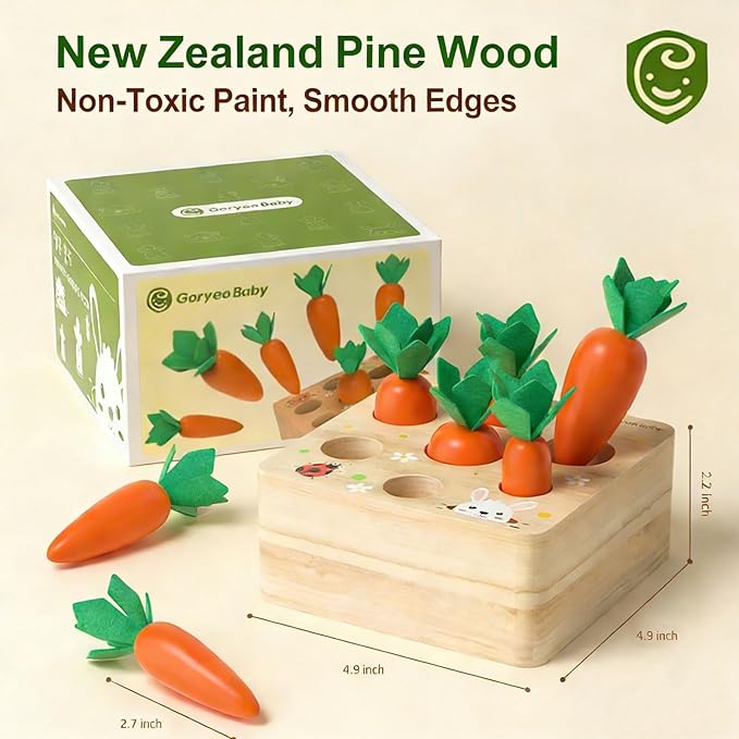 Montessori Toys for 1 Year Old – Wooden Carrot Shape Sorting Puzzle, Sensory Learning Toy for Toddlers, Size Matching & Fine Motor Skills Development, Educational Gift for Boys & Girls