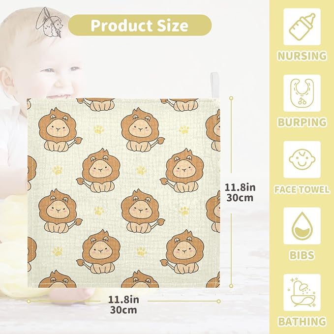 vvfelixl Baby Washcloths Cotton Cute Lion Baby Muslin Washcloths Soft Baby Face Towel for Newborn Infants Baby Wipes, 11.8 X 11.8 Inch, 3 Pack Yellow